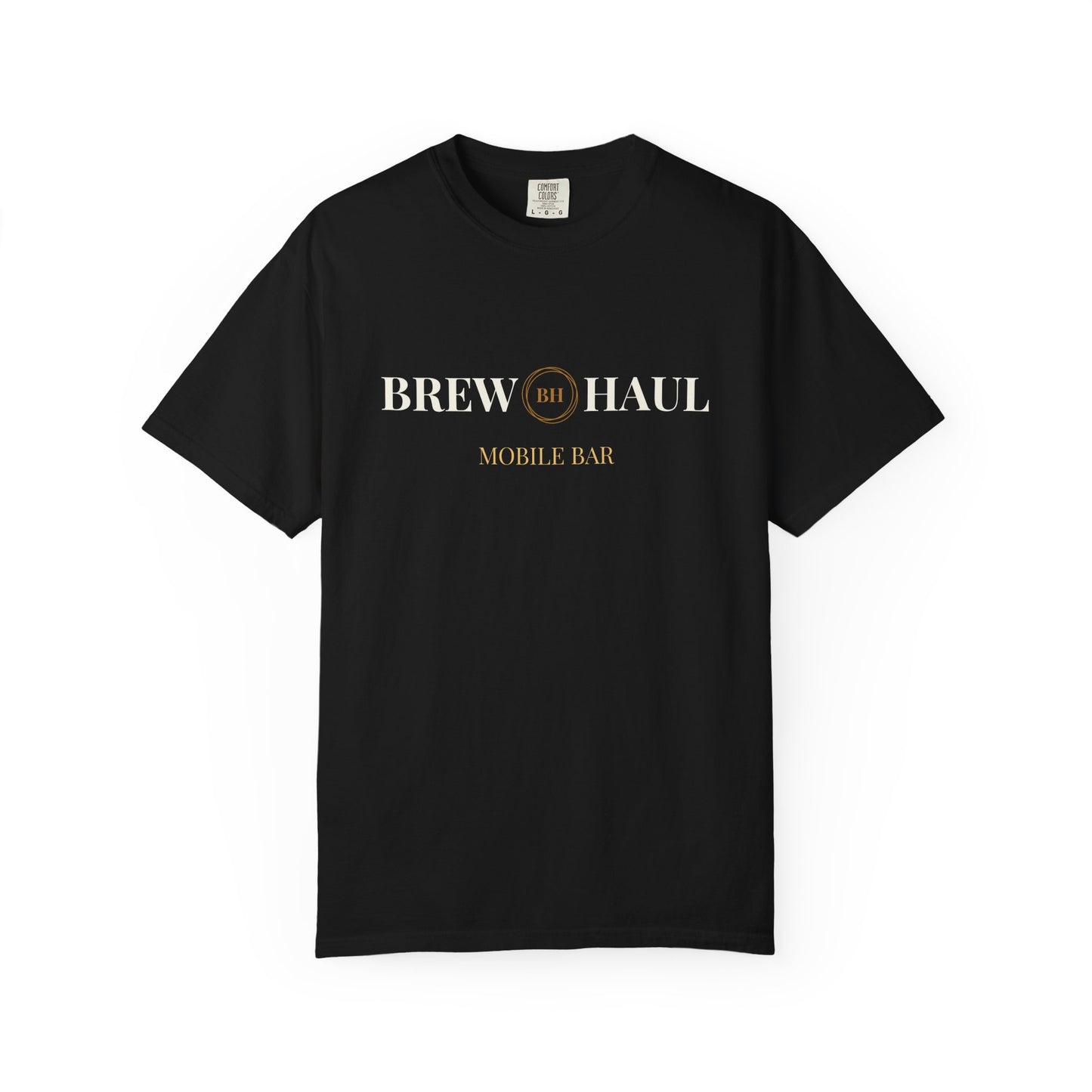"Brew Haul Mobile Bar logo t-shirt in black with white and gold text."