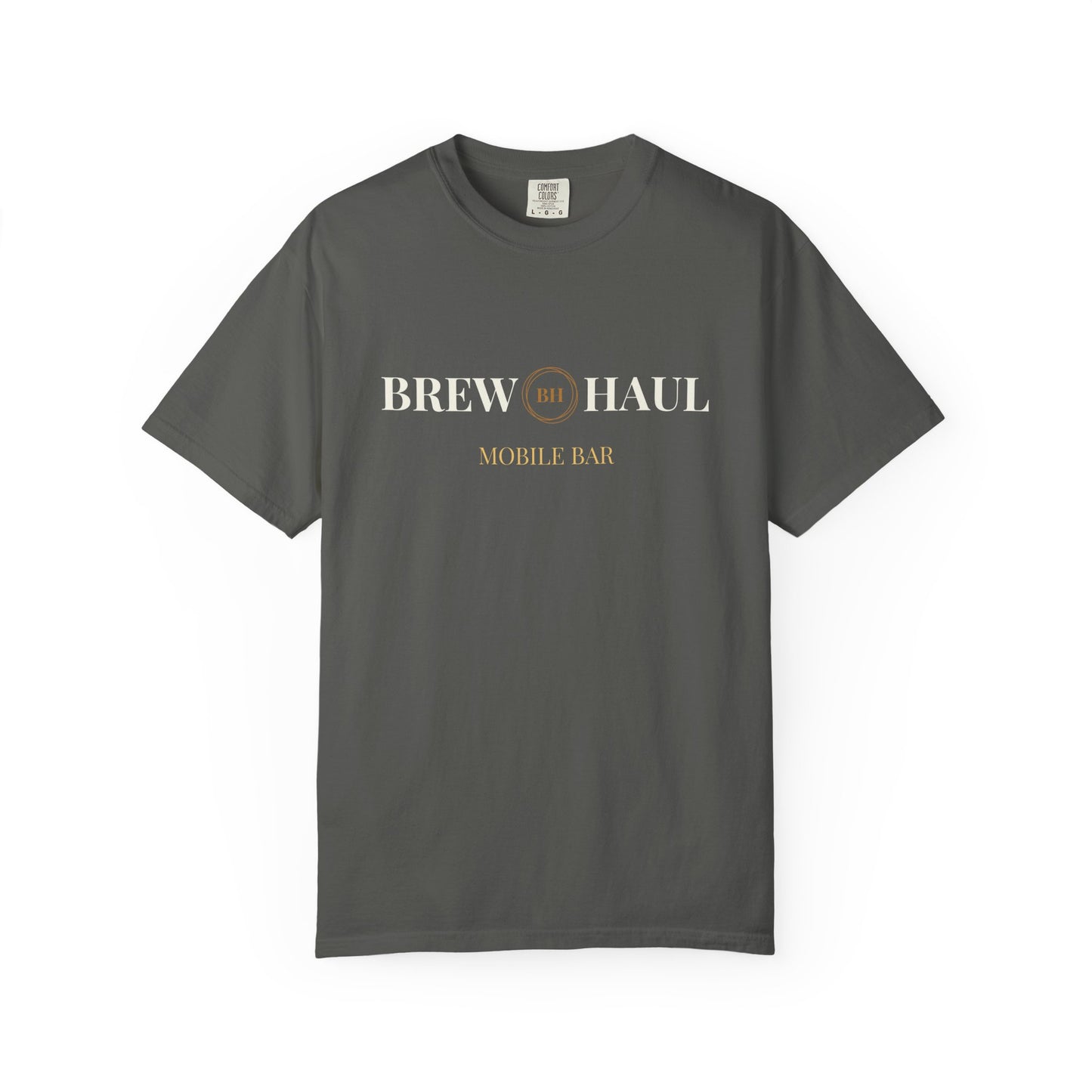 Charcoal gray t-shirt featuring the Brew Haul Mobile Bar logo, ideal for staff and fans.