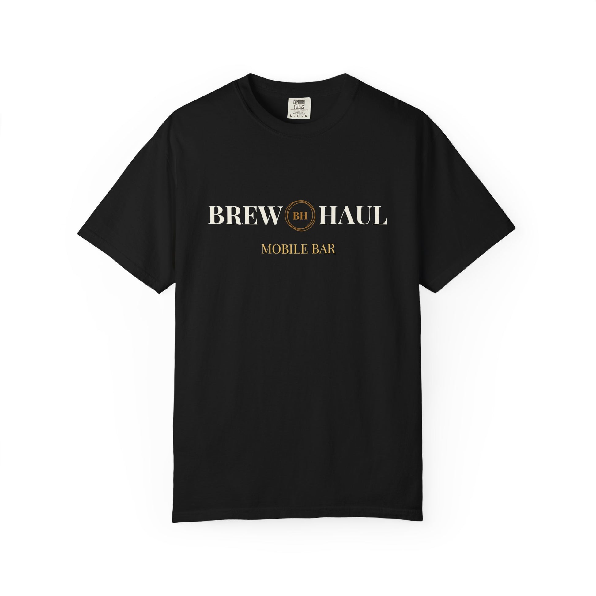"Brew Haul Mobile Bar logo t-shirt in black with white and gold text."